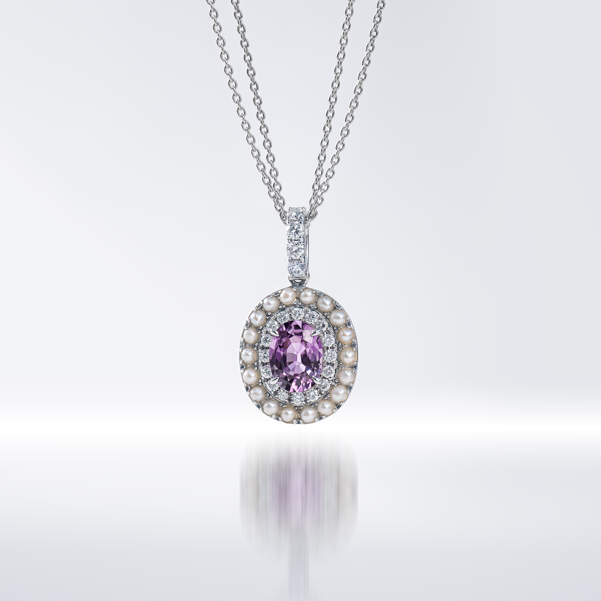 Pt製　レディッシュパープルサファイアベビーパールダイヤモンドリング　S=1.43ct　D=0.31ct